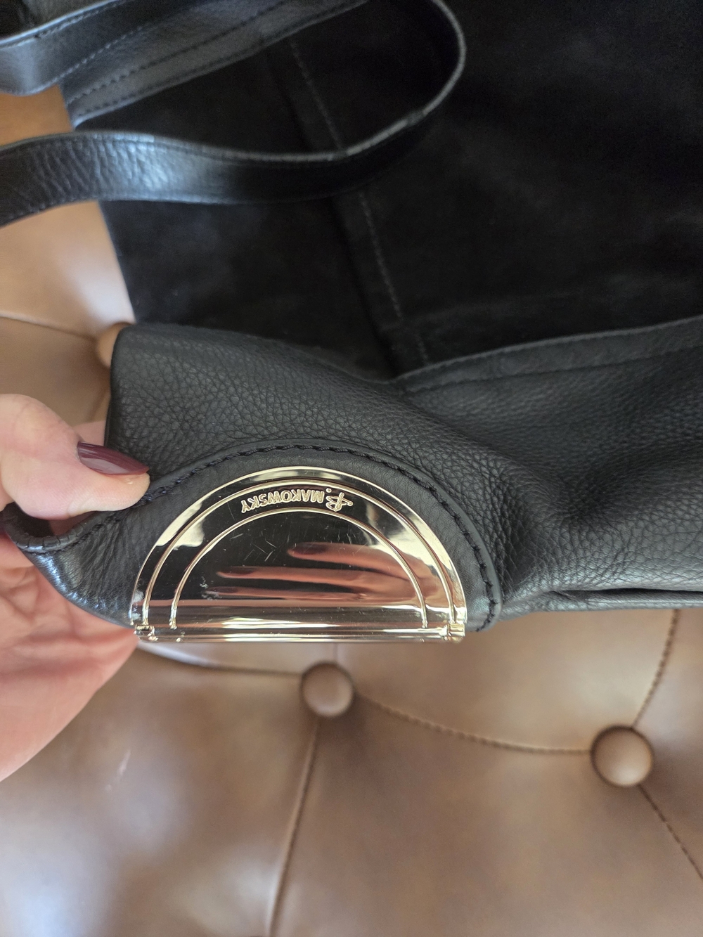 b. makowsky Black Suede & Leather Shoulder Bag with Gold Accents - Picture 9 of 14